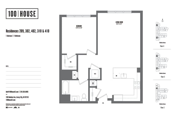 1 bed 1 bath floor plan T at 100 House Apartments, Jersey City