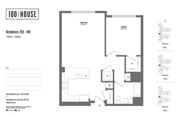 1 bed 1 bath floor plan U at 100 House Apartments, Jersey City , New Jersey