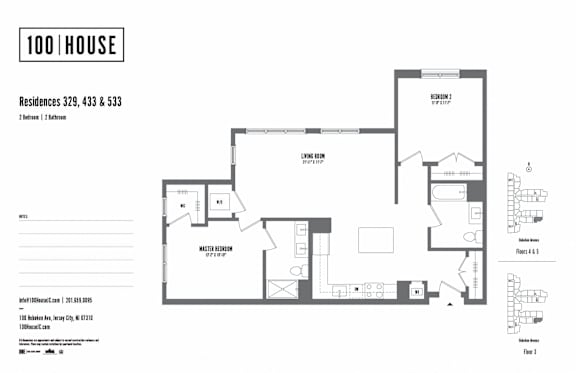 2 bed 2 bath floor plan P at 100 House Apartments, New Jersey, 07310