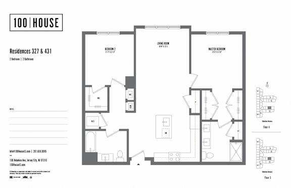 2 bedroom 2 bath floor plan at 100 House Apartments, Jersey City , New Jersey
