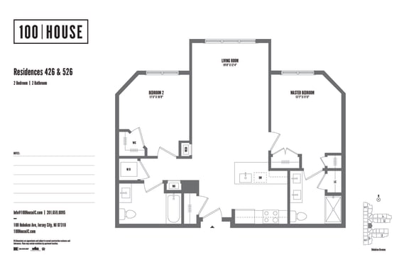 2 bed 2 bath floor plan C at 100 House Apartments, New Jersey, 07310