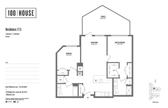 2 bed 2 bath floor plan F at 100 House Apartments, Jersey City