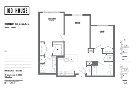 2 bed 2 bath floor plan K at 100 House Apartments, Jersey City , NJ, 07310