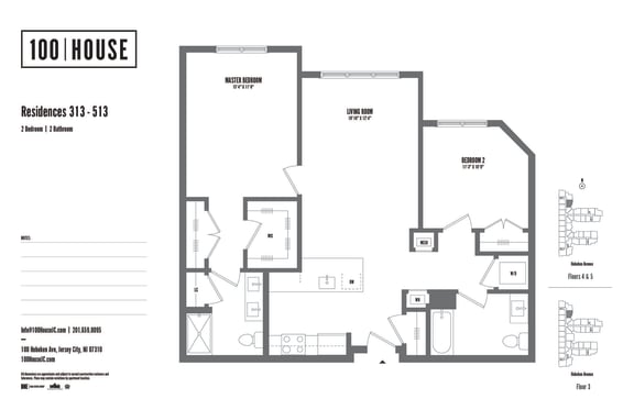 2 bed 2 bath floor plan L at 100 House Apartments, Jersey City , NJ