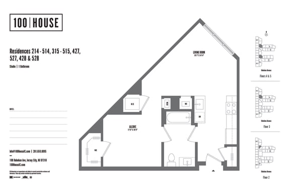 Studio 1 bath floor plan at 100 House Apartments, New Jersey, 07310