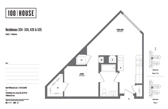 Studio 1 bath floor plan A at 100 House Apartments, Jersey City , NJ, 07310