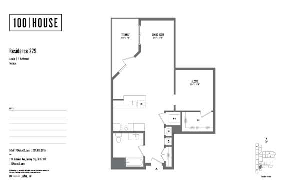 Studio 1 bath floor plan B at 100 House Apartments, Jersey City , NJ