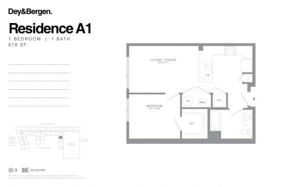 1 bedroom 1 bath floor plan at Dey & Bergen, Harrison, 07029