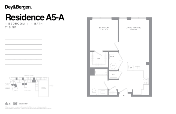 1 bedroom 1 bath floor plan F at Dey & Bergen, Harrison, NJ