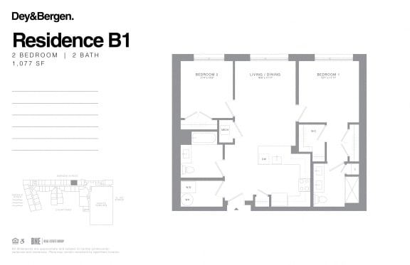 2 bed 2 bath floor plan at Dey & Bergen, Harrison, 07029