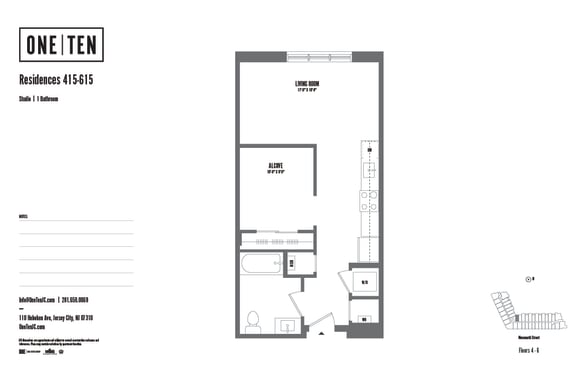 Studio 1 bathroom floor plan J at One Ten Apartments, Jersey City