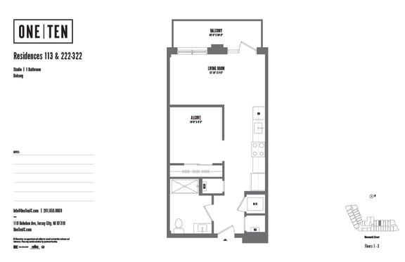 Studio 1 bath floor plan H at One Ten Apartments, Jersey City , New Jersey