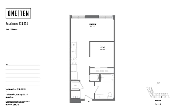 Studio 1 bath floor plan Q at One Ten Apartments, Jersey City , NJ, 07310