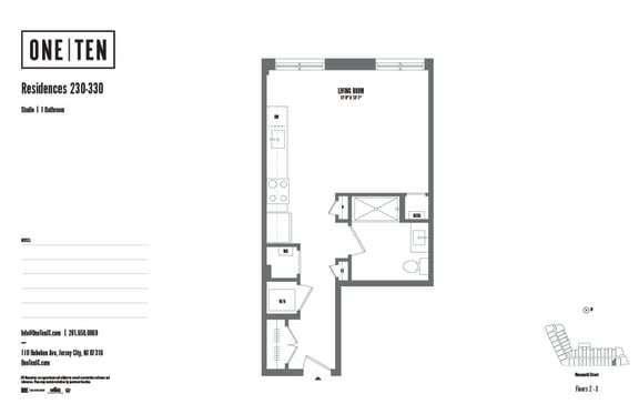 Studio 1 bath floor plan at One Ten Apartments, New Jersey, 07310