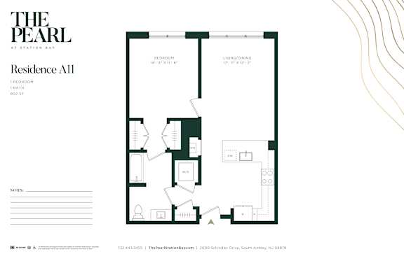 A floor plan for a residence with a living room, dining room, and kitchen.