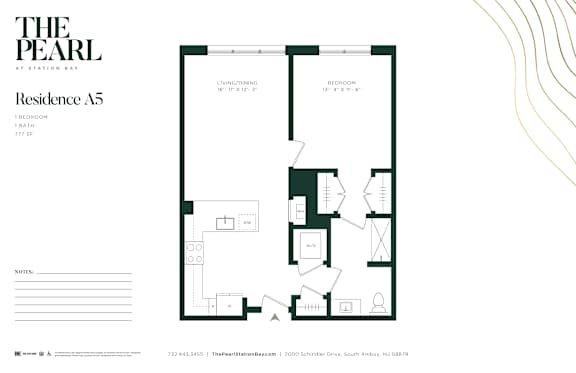 A floor plan for a residence at Station Bay with a living and dining area, a bedroom, and a bathroom.