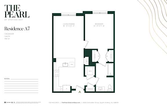 A floor plan for a residence at Station Bay with a living and dining area, a bedroom, and a bathroom.