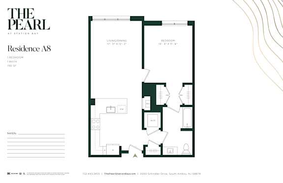 A floor plan for a residence with a living room, dining room, kitchen, and two bedrooms.