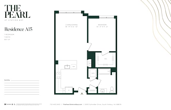 A floor plan for a residence at Station Bay with 1 bedroom and 801 square feet.