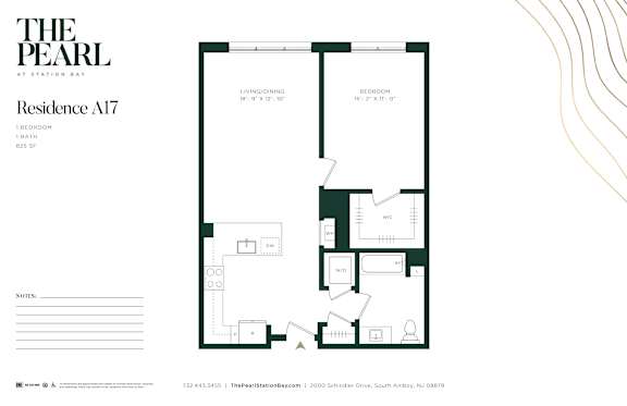 A floor plan for a residence at Station Bay with a living and dining area, two bedrooms, and a study.