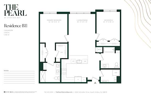 A floor plan for a residence labeled "THE PEARL AT STATION BAY" with various rooms and measurements.