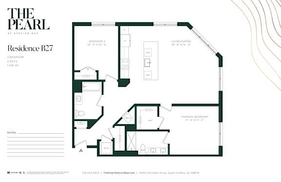 A floor plan for a residence at Station Bay with a living room, two bedrooms, a study, and a garage.