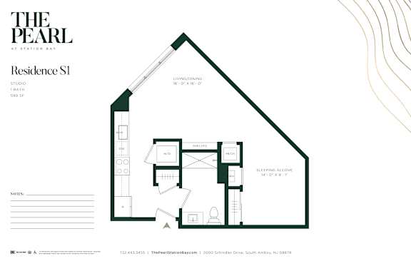 A floor plan for a studio apartment at The Pearl at Station Bay.