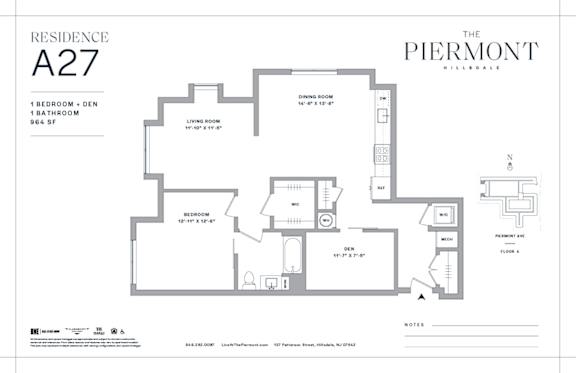 One bedroom one bathroom floorplan with den at The Piermont Apartments, New Jersey, 07642