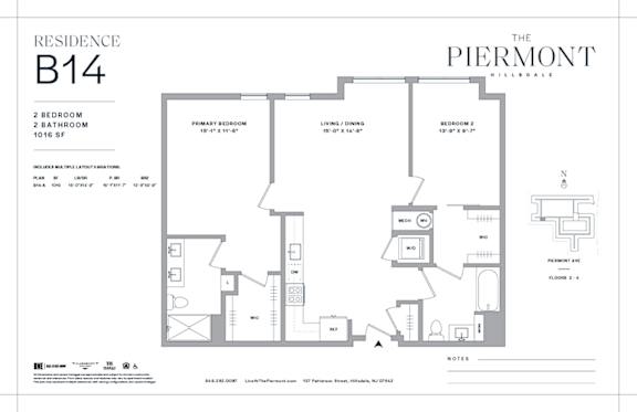 2 bedroom 2 bathroom floorplan at The Piermont Apartments, Hillsdale