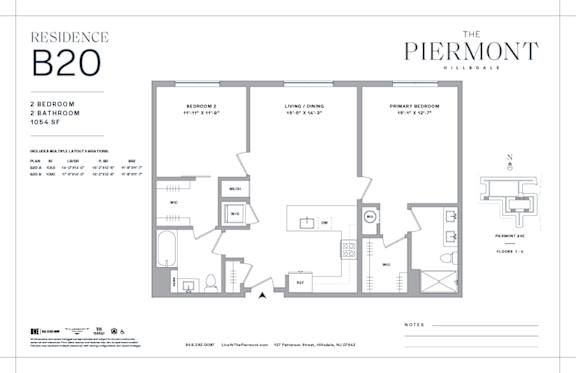 Two bed two bath floorplan with walk-in closet at The Piermont Apartments, New Jersey