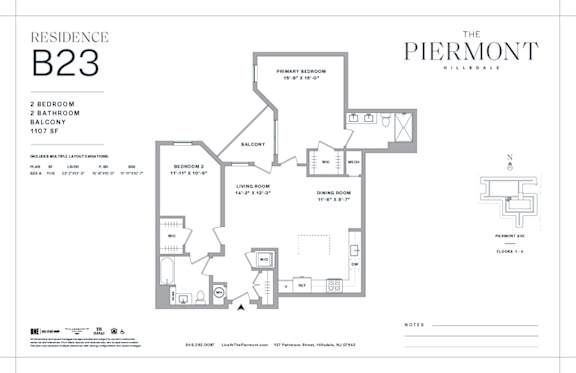 2 bed two bathroom floorplan with balcony at The Piermont Apartments, Hillsdale, NJ