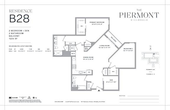 Two bed two bath floorplan with den and balcony at The Piermont Apartments, Hillsdale, 07642