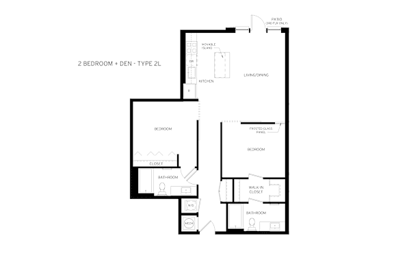 Floor Plan  A black and white image of a floor plan for a 2 bedroom, den type 2L.
