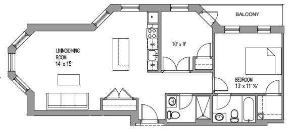 a floor plan of a small house with a bedroom and a living room