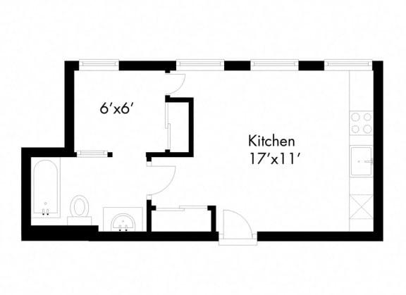 a floor plan of a small house with a bedroom and a kitchen