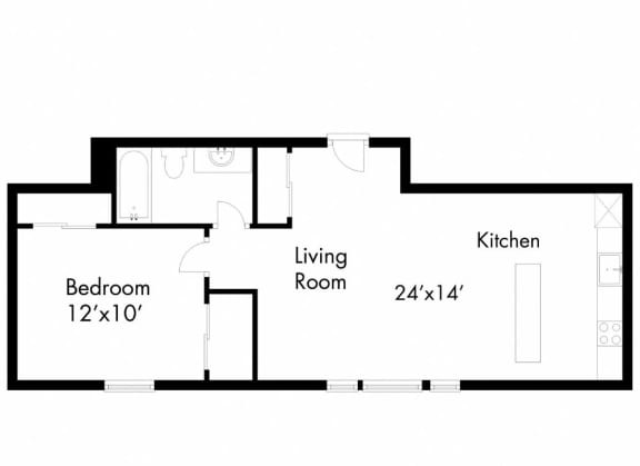 a floor plan of a living room with a bedroom and a kitchen