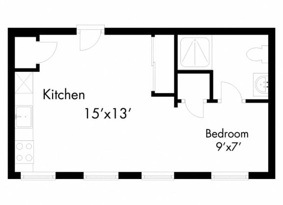 a floor plan of a room with a kitchen and a bedroom