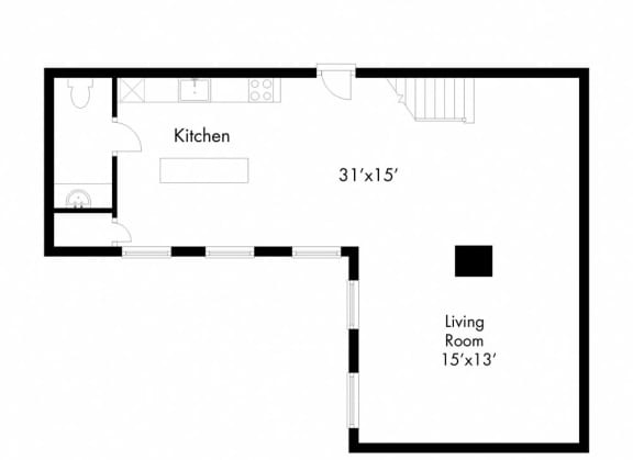 a floor plan of a small house with a living room and a kitchen