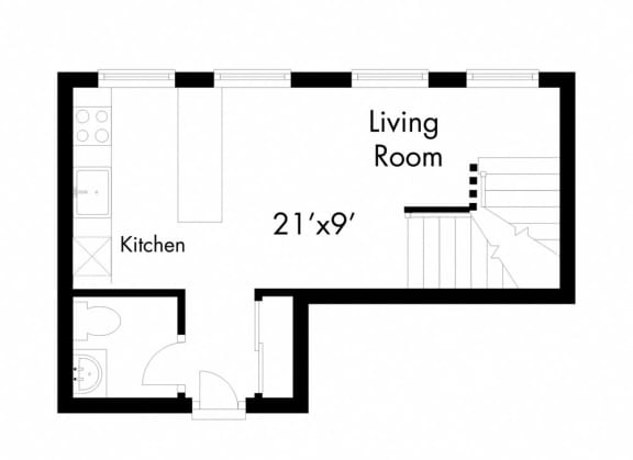 a floor plan of a small house with a living room and a kitchen