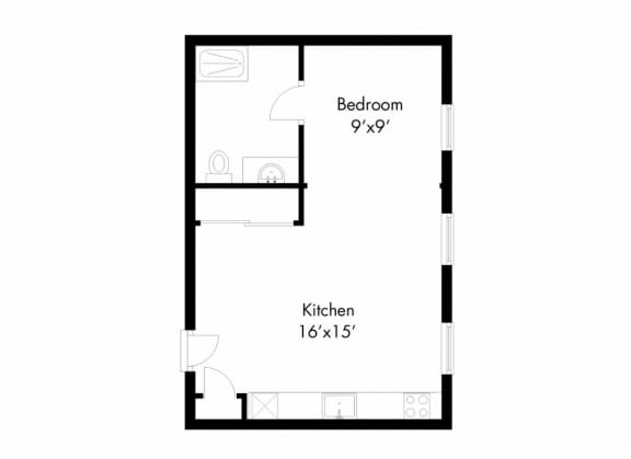 a floor plan of a small house with a bedroom and a kitchen
