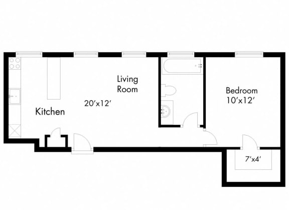 a floor plan of a room with a bedroom and a living room and a kitchen