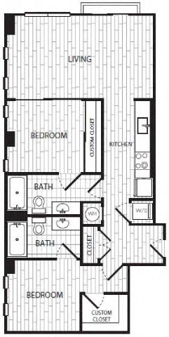 Floor Plan  2Bed 2Bath_B at Coda on H Apartments, Washington, DC 20002