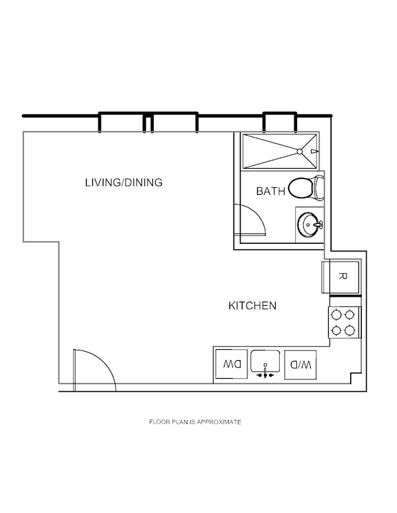 a floor plan of a studio apartment with a bedroom and a living room at Howard Manor, Washington, DC
