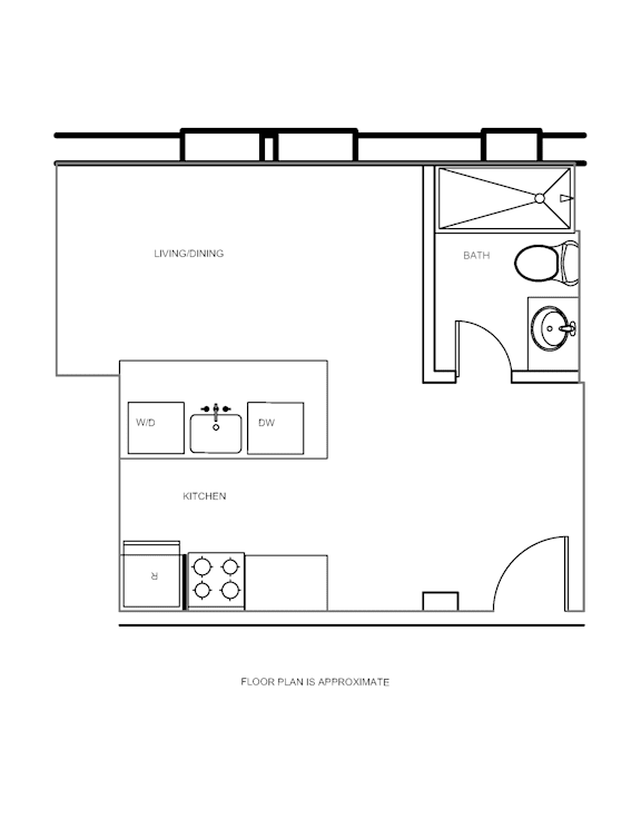 a floor plan of a studio apartment with a bedroom and a living room at Howard Manor, Washington, DC