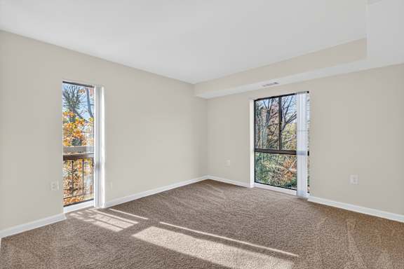 A room with a carpeted floor and two windows.