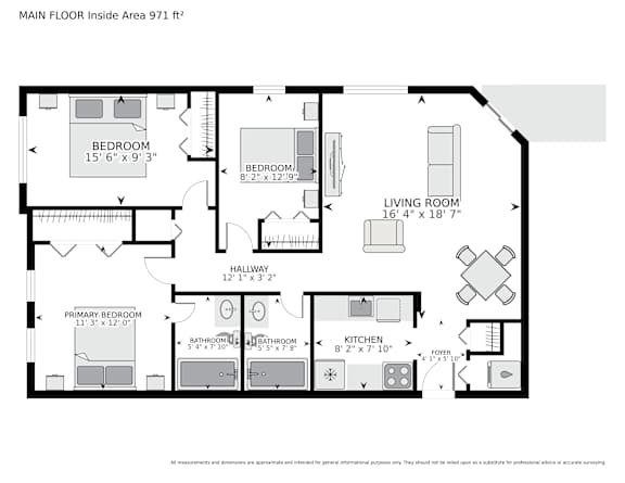 A black and white image of a floor plan for a 971 square foot main floor.