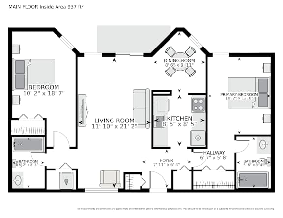 A black and white image of a floor plan for a house with a living room, dining room, kitchen, and two bathrooms.