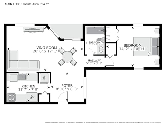 A black and white image of a floor plan for a home with a living room, kitchen, bathroom, bedroom, and foyer.