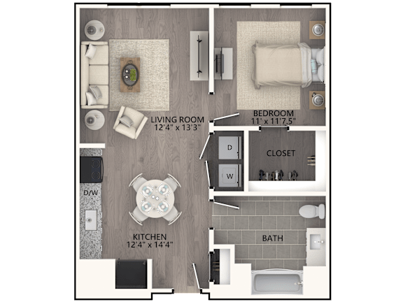 A floor plan of a small apartment with a living room, kitchen, bathroom, and bedroom.