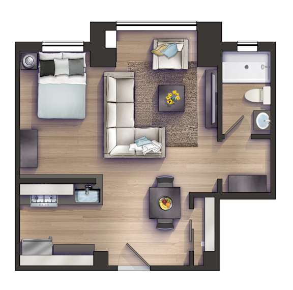 A top-down view of a room with a bed, couch, and a coffee table.